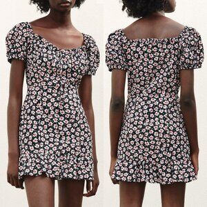 NEW Zara Black Daisy Floral Flower Print Square Neck 100% Cotton Mini Dress S